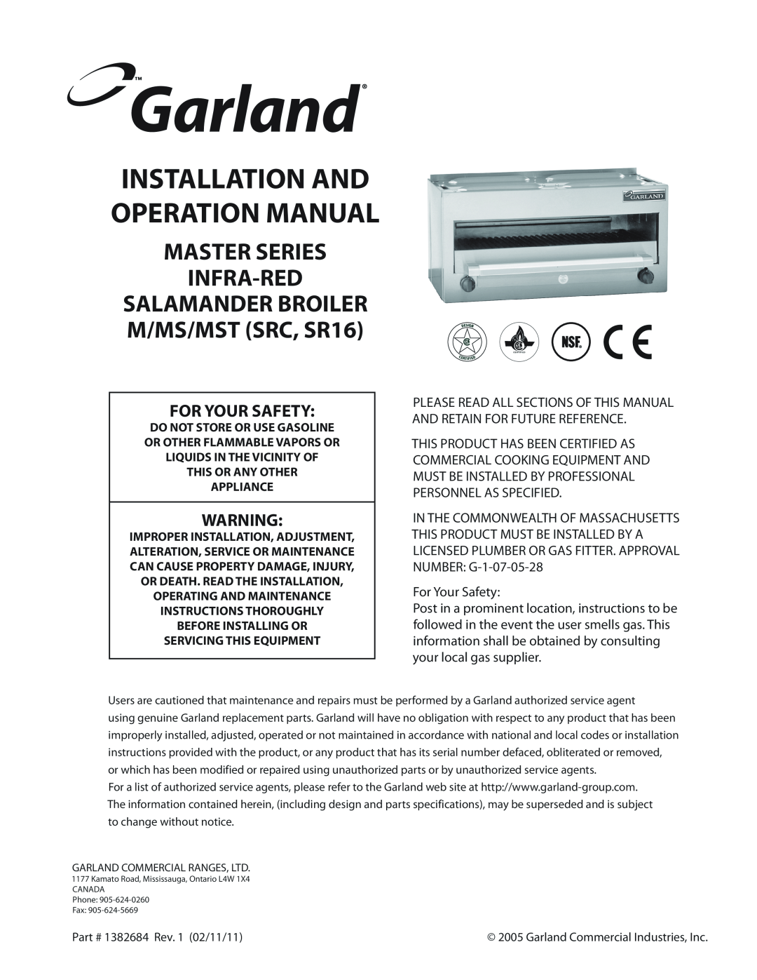 Garland operation manual Master Series Infra-Red, SALAMANDER BROILER M/MS/MST SRC, SR16, For Your Safety 