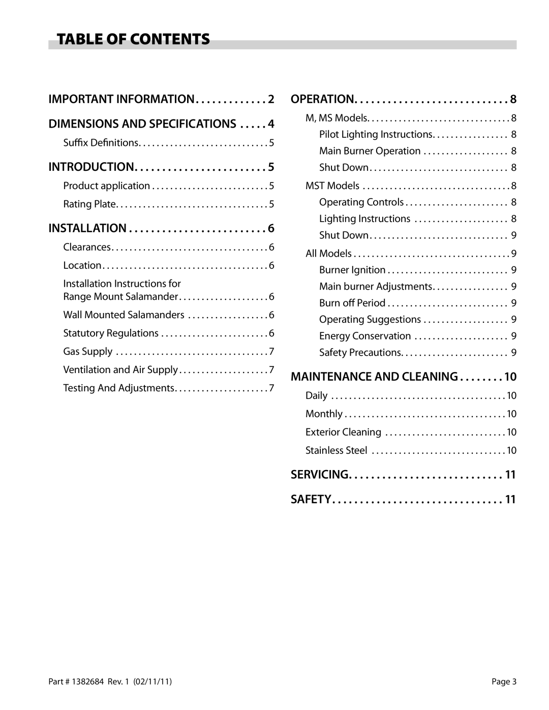 Garland SRC, SR16 operation manual Table Of Contents, Introduction, Installation, Operation, Maintenance And Cleaning 