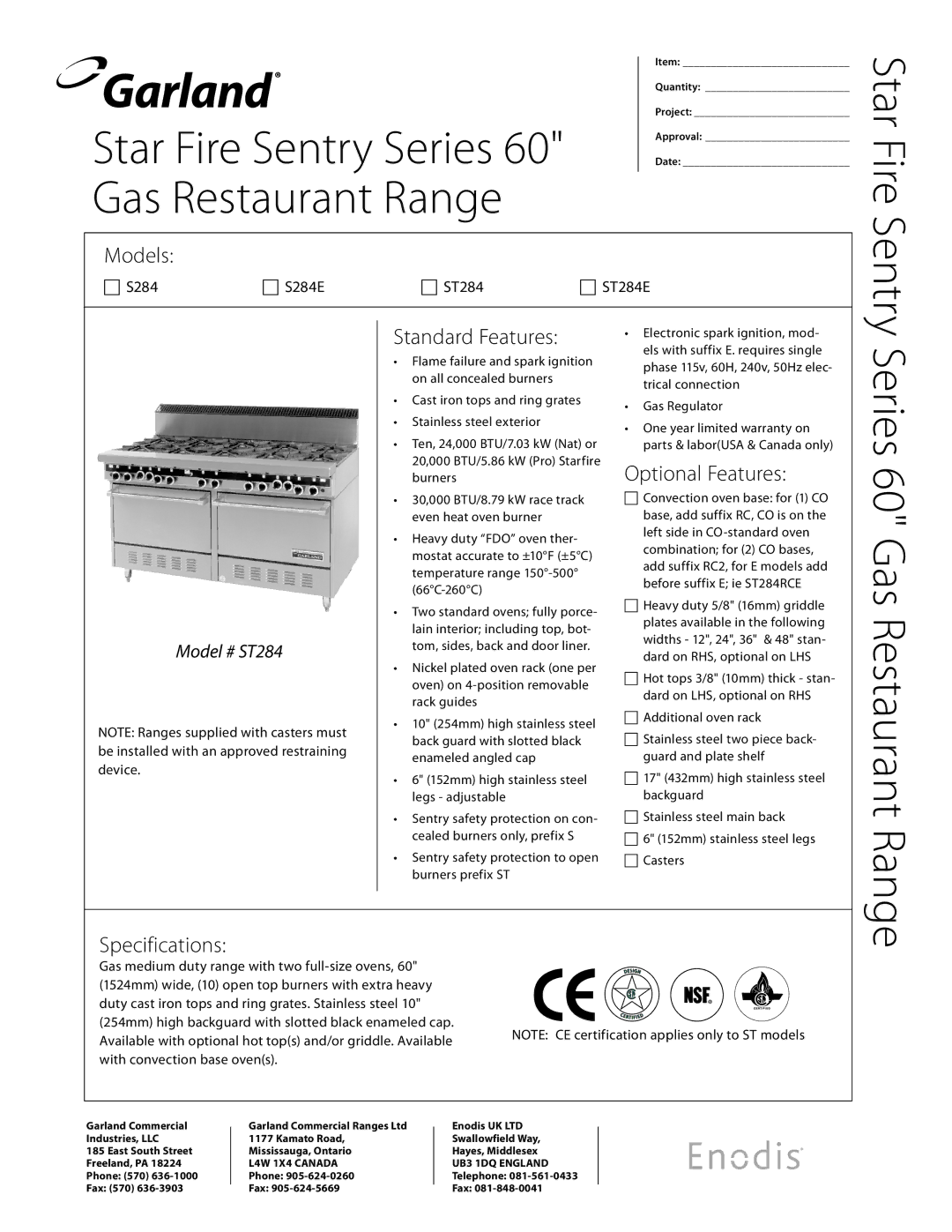 Garland ST284E, S284 specifications Star Fire Sentry, Series 60 Gas Restaurant Range, Standard Features, Optional Features 