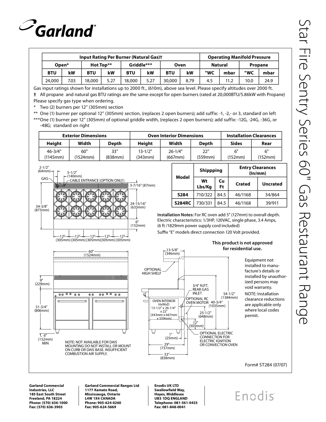 Garland S284E Operating Manifold Pressure, Open Hot Top Griddle Oven Natural Propane, 24,000 18,000, 11.2 10.0 24.9, In/mm 