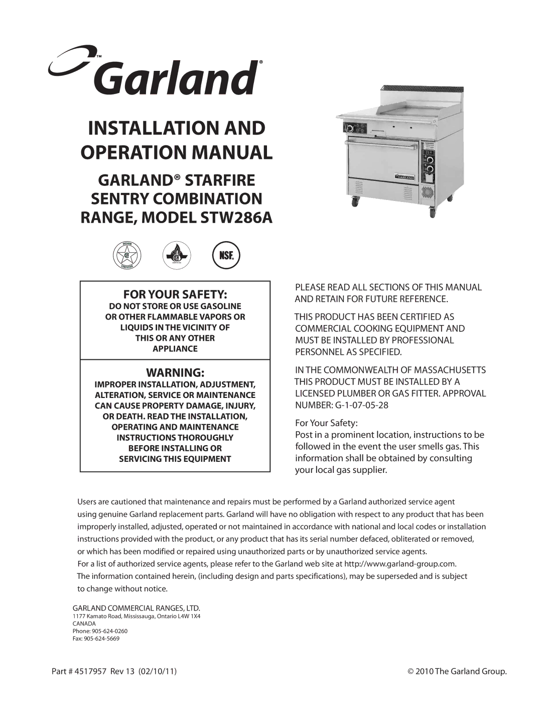 Garland operation manual Garland Starfire Sentry Combination RANGE, Model STW286A 