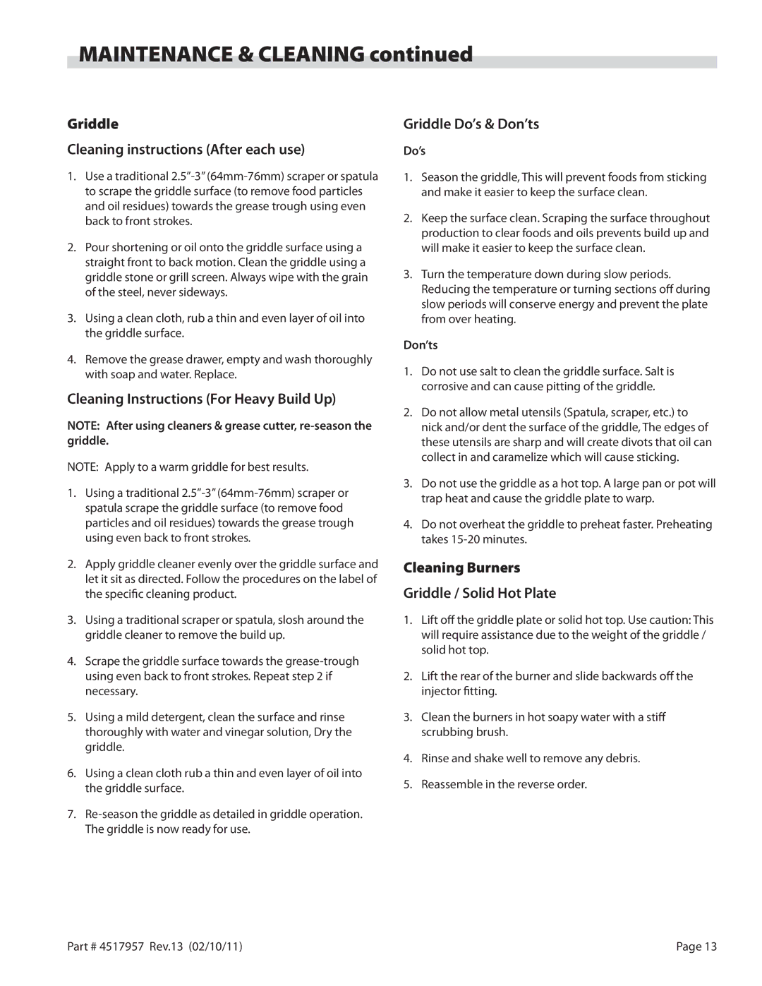 Garland STW286A operation manual Griddle Cleaning instructions After each use, Cleaning Instructions For Heavy Build Up 