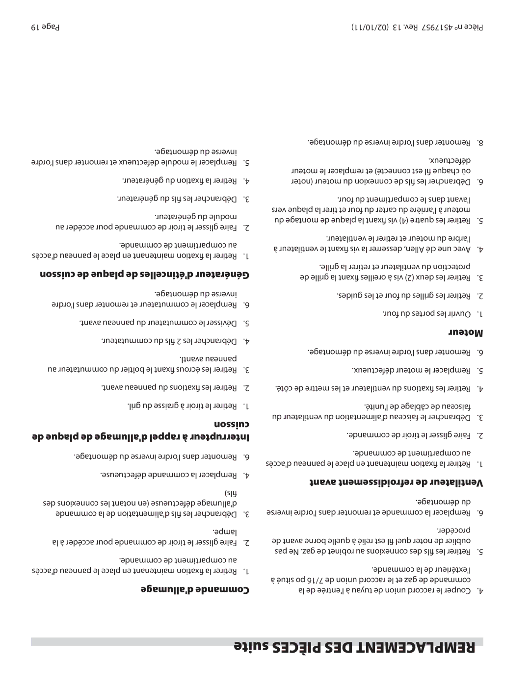 Garland STW286A operation manual Suite Pièces DES Remplacement, Moteur 