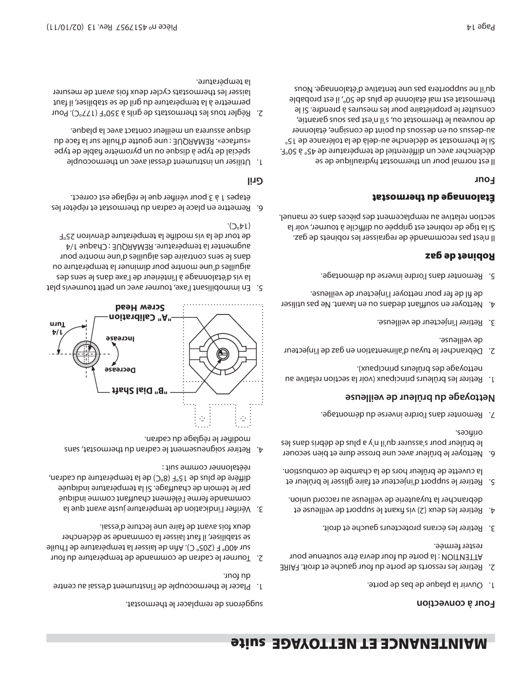 Garland STW286A operation manual Suite Nettoyage ET Maintenance, Thermostat du Étalonnage, Gaz de Robinet 