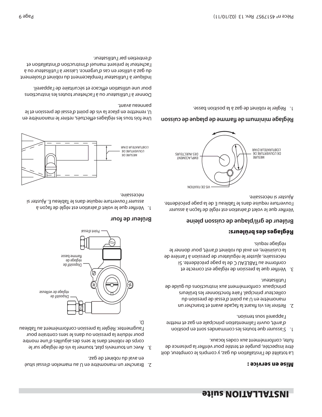 Garland STW286A operation manual Suite Installation, Brûleurs des Réglages, Requis réglage 