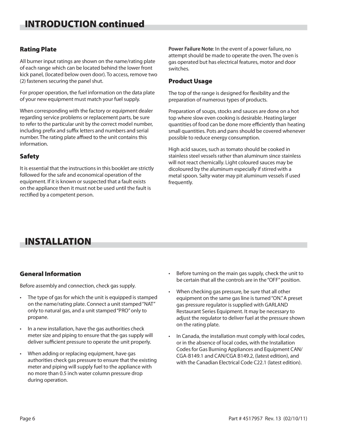 Garland STW286A operation manual Installation, Rating Plate, Safety, Product Usage, General Information 