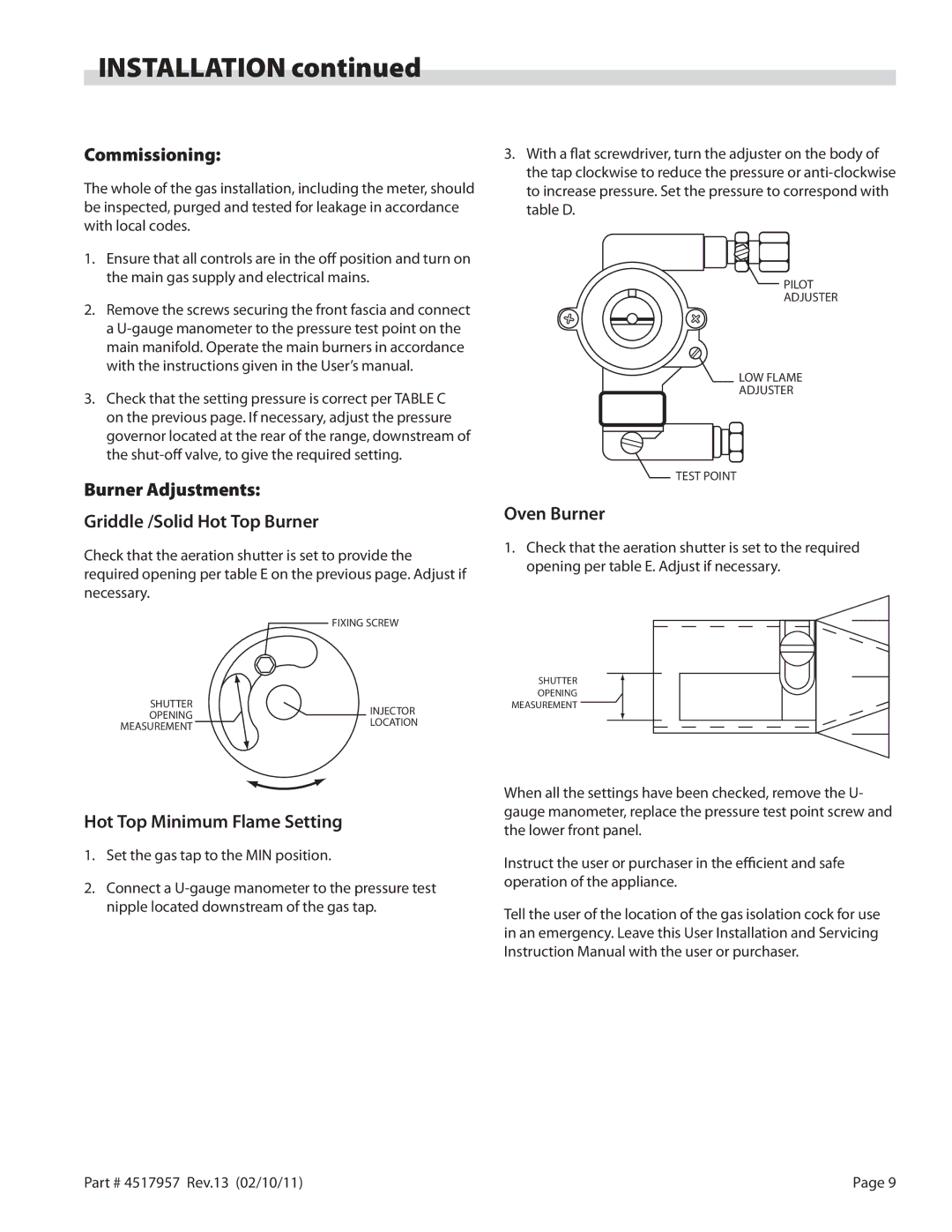 Garland STW286A operation manual Commissioning, Burner Adjustments Griddle /Solid Hot Top Burner, Oven Burner 