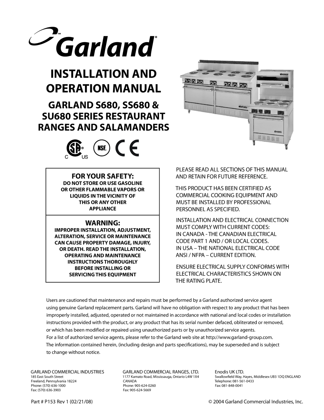 Garland SU680, SS680 operation manual This or ANY Other Appliance, Before Installing or Servicing this Equipment 