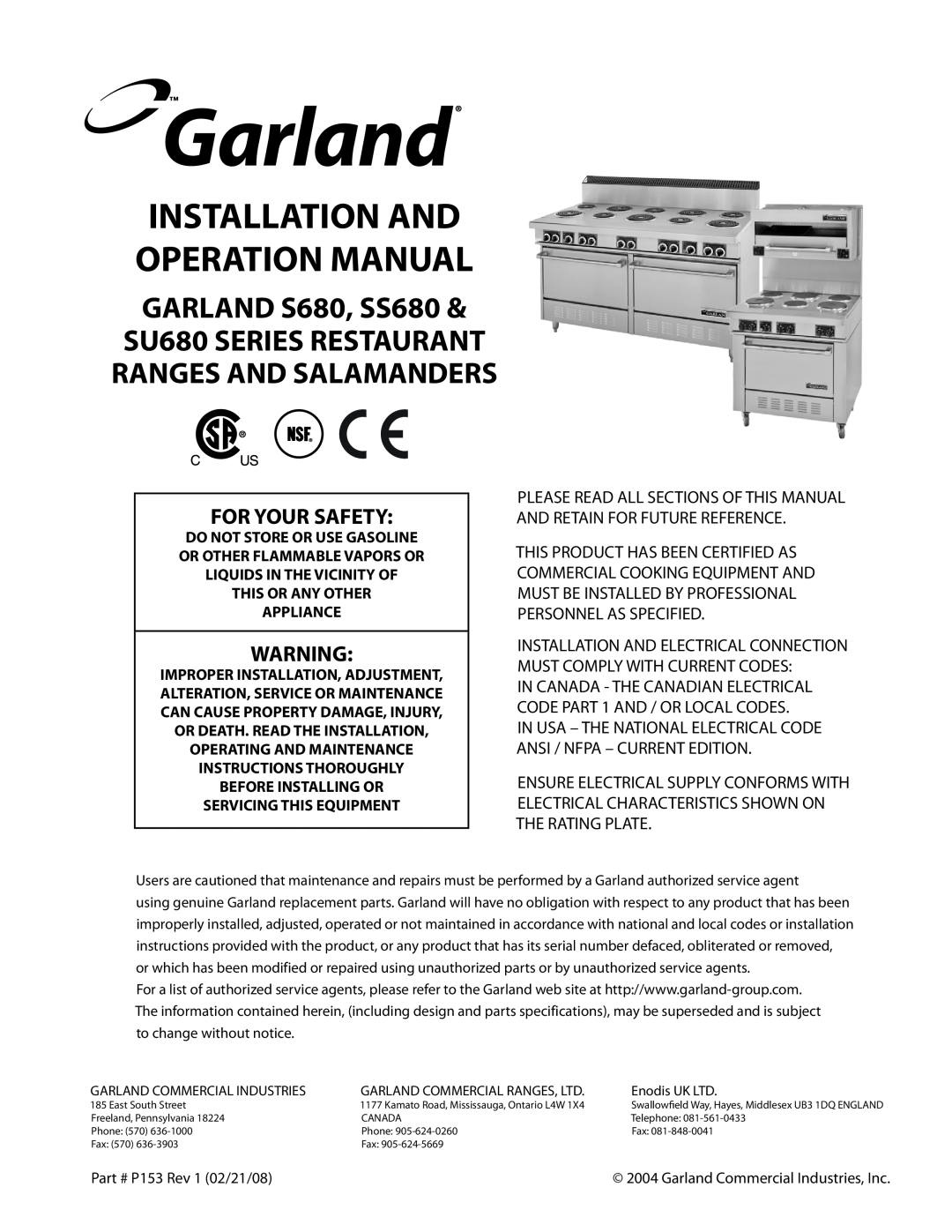 Garland operation manual GARLAND S680, SS680, SU680 SERIES RESTAURANT RANGES AND SALAMANDERS, For Your Safety 