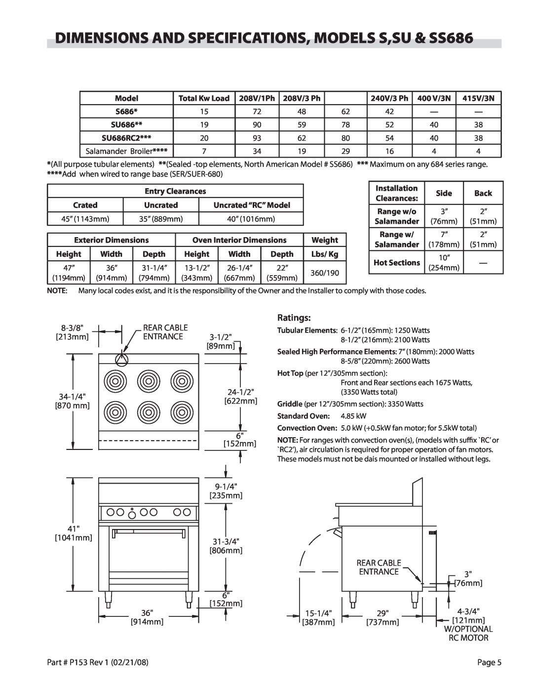 Garland SS680, SU680 operation manual DIMENSIONS AND SPECIFICATIONS, MODELS S,SU & SS686, Ratings 
