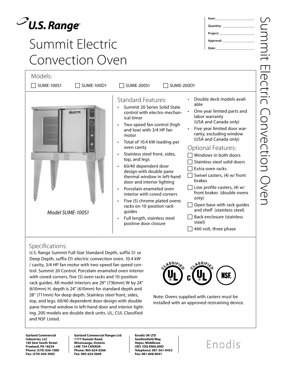 Garland SUME-200D1 specifications Convection Oven, Models, Standard Features, Optional Features, Specifications 