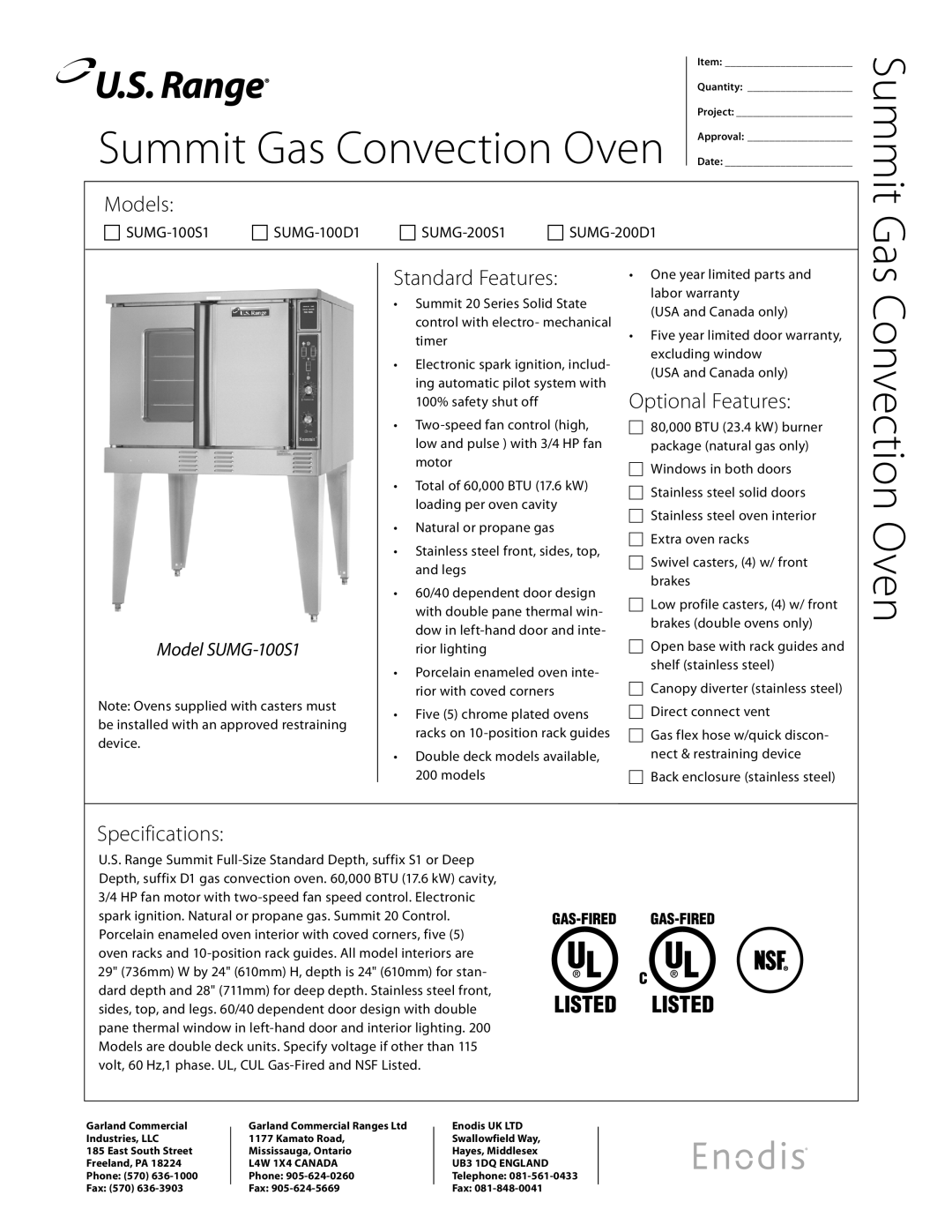 Garland SUMG100D1 specifications Convection Oven, Summit Gas, Models, Standard Features, Optional Features, Specifications 