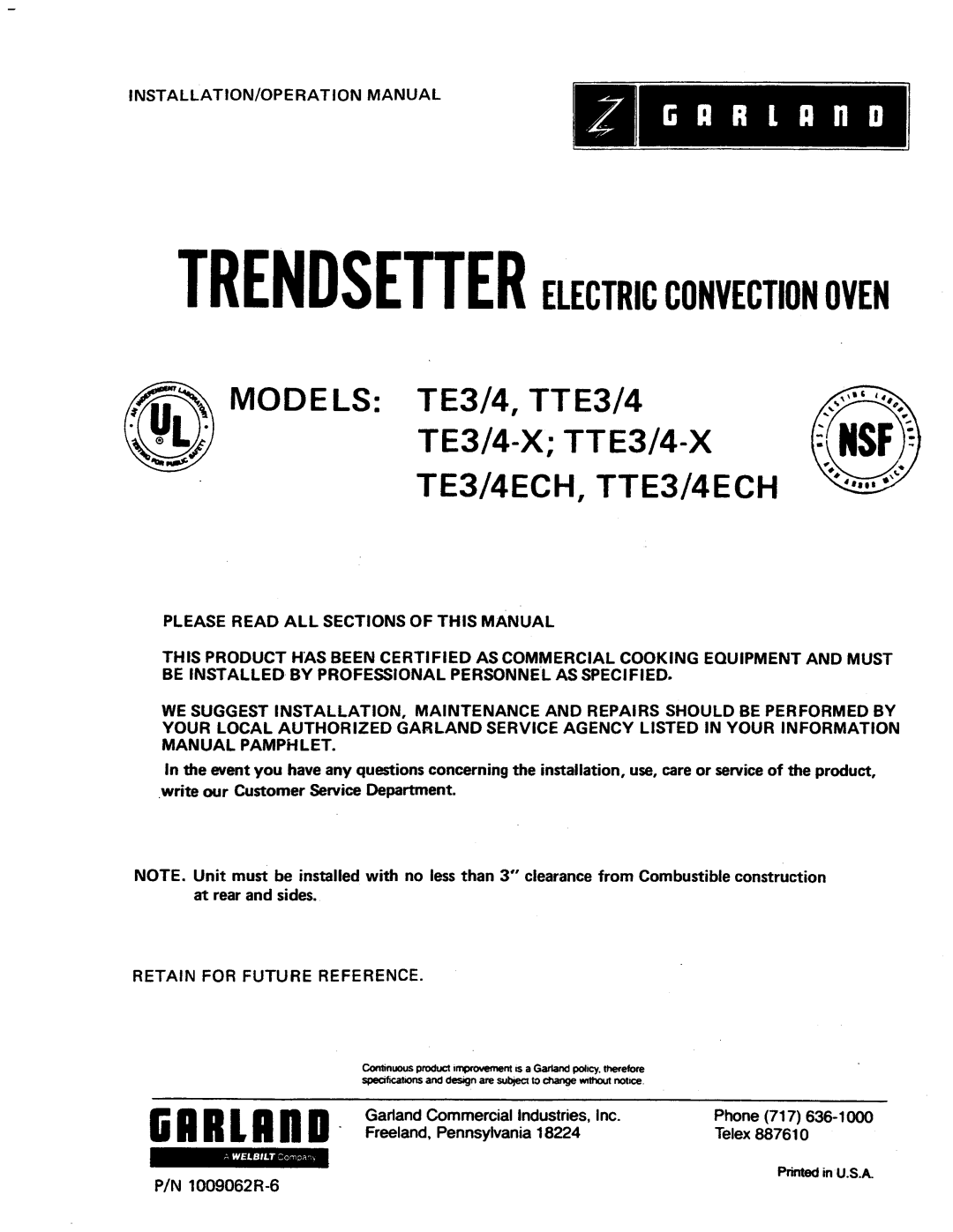 Garland TTE3/4ECH, TTE3/4-X manual 