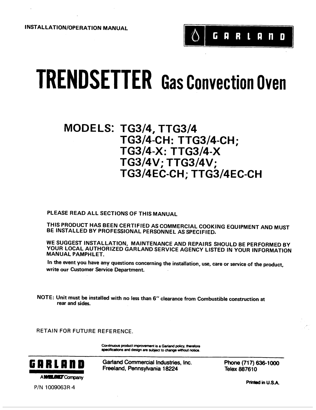 Garland TTG3/4EC-CH, TTG3/4V, TTG3/4-X, TTG3/4-CH manual 