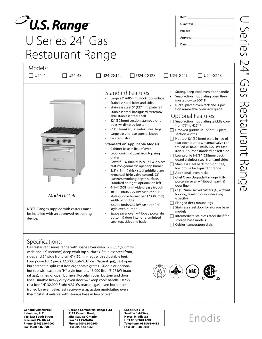 Garland U24-4L, U24-G24S specifications Restaurant Range, U Series 24 Gas, Models, Standard Features, Optional Features 