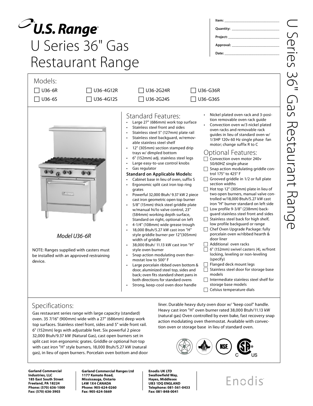 Garland U36-2G24R specifications Restaurant Range, U Series 36 Gas, Models, Standard Features, Optional Features,  U36-6R 