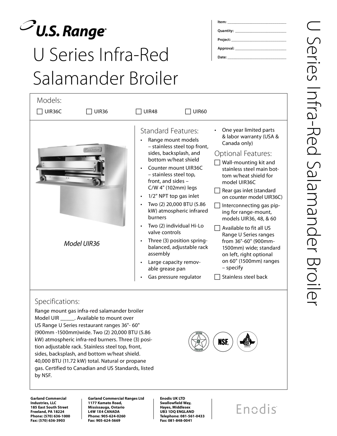 Garland UIR36 specifications U Series Infra-Red, Red Salamander Broiler, Models, Standard Features, Optional Features 