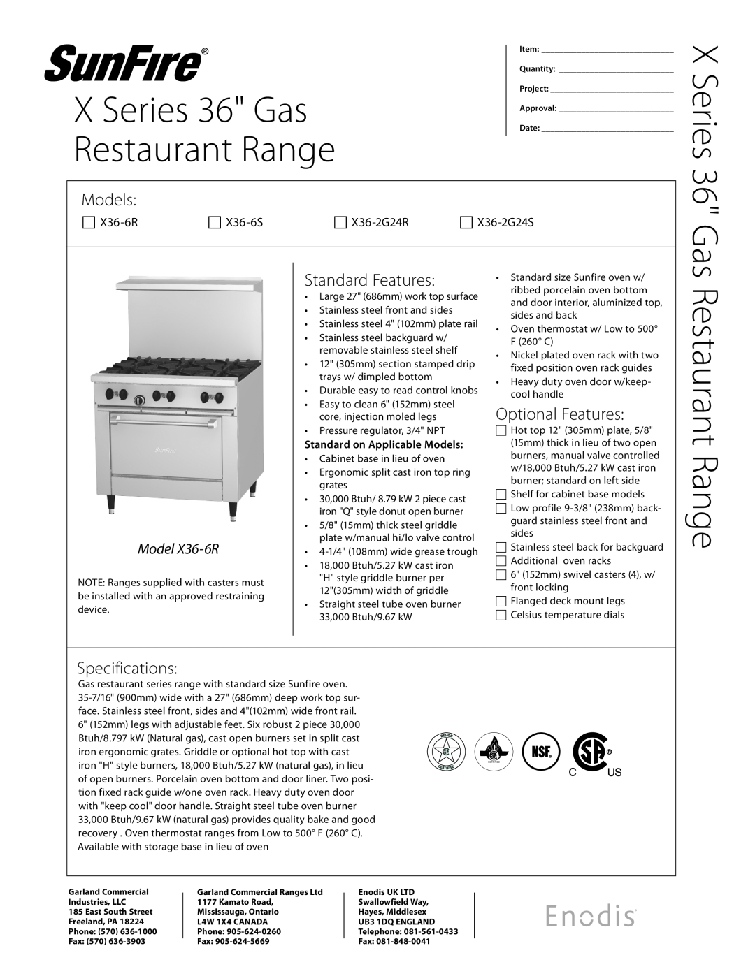 Garland specifications Restaurant Range, X Series 36 Gas, Models, Standard Features, Optional Features, Specifications 