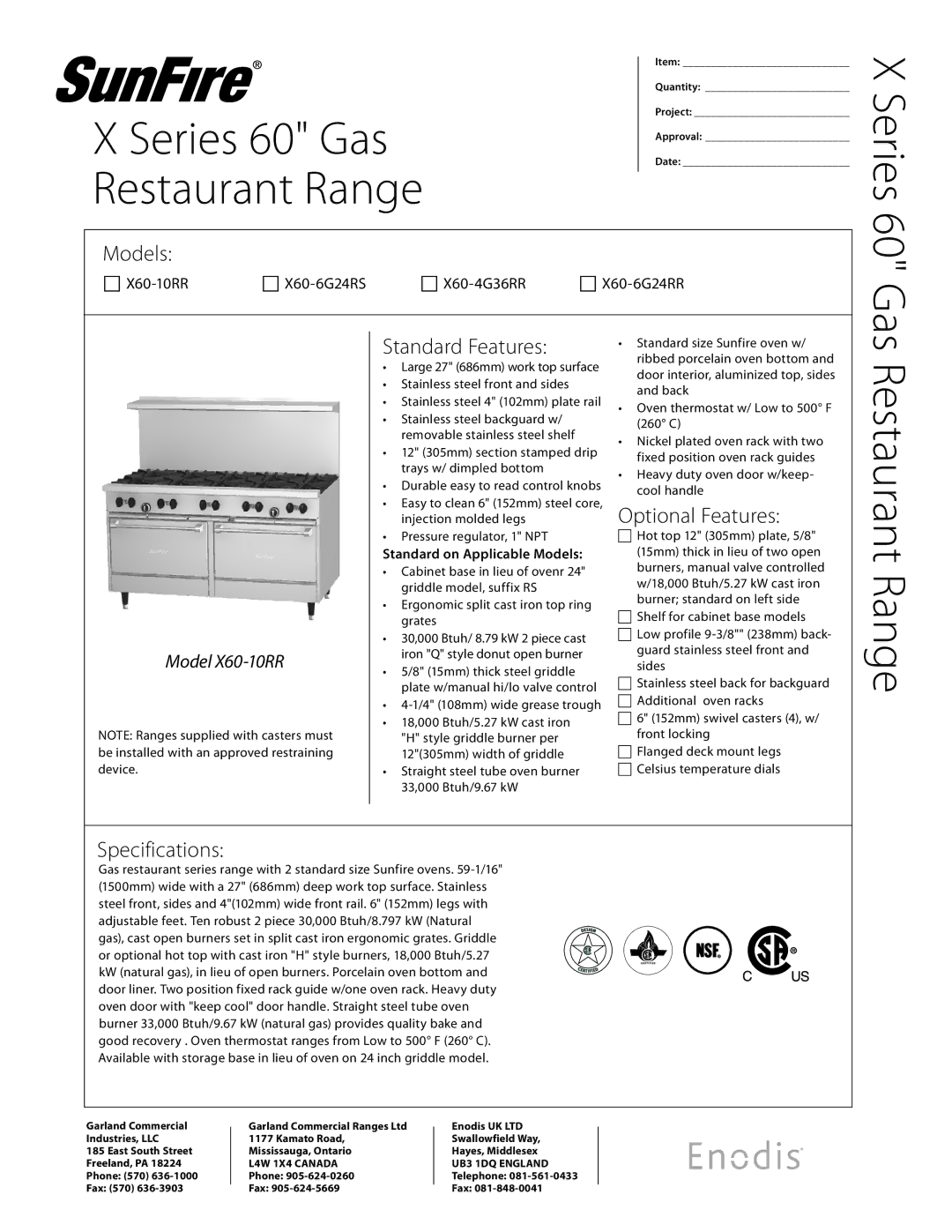 Garland X Series 60 specifications Restaurant Range, Models, Standard Features, Optional Features, Specifications 