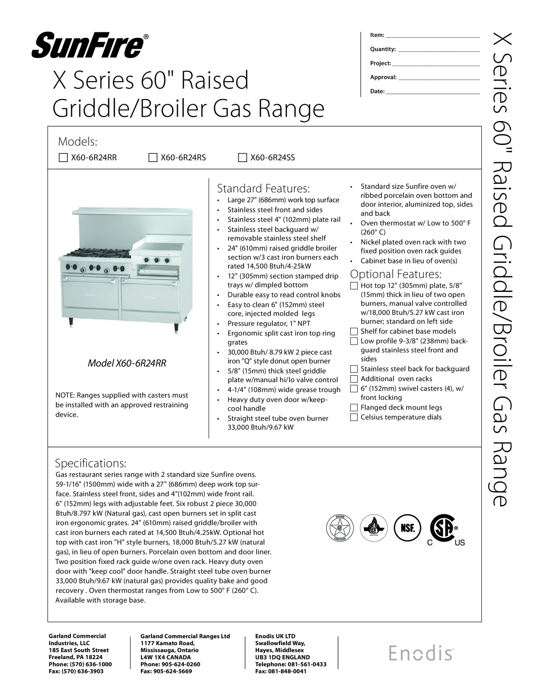 Garland X60-6R24SS specifications X Series 60 Raised, Griddle/Broiler Gas Range, Raised Griddle/Broiler Gas 