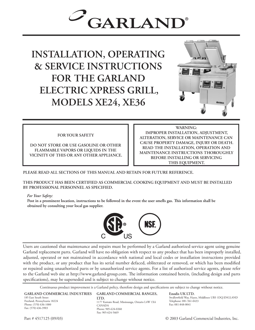 Garland XE24, XE36 installation instructions For Your Safety 