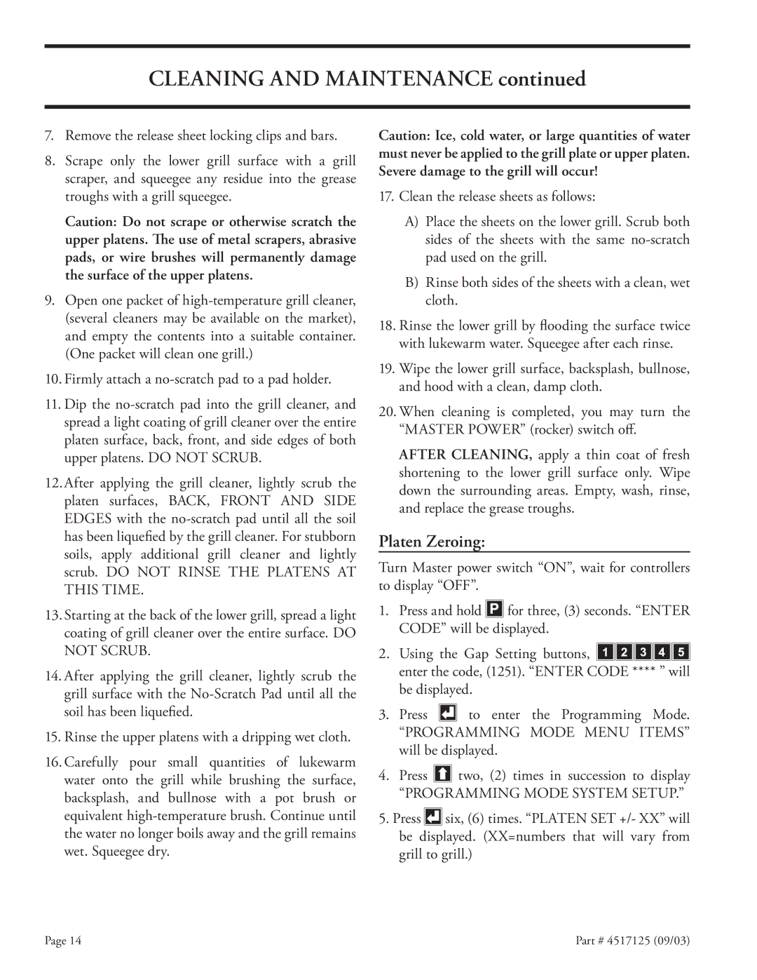 Garland XE36, XE24 installation instructions Cleaning and Maintenance, Platen Zeroing 