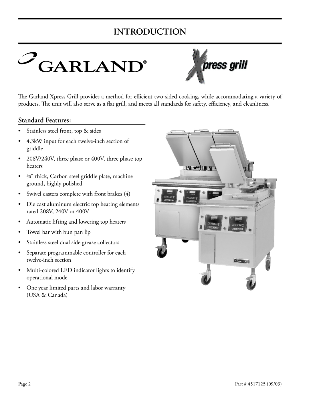 Garland XE36, XE24 installation instructions Introduction, Standard Features 