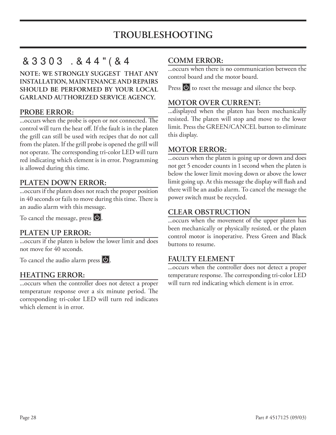 Garland XE36, XE24 installation instructions Troubleshooting, Error Messages 