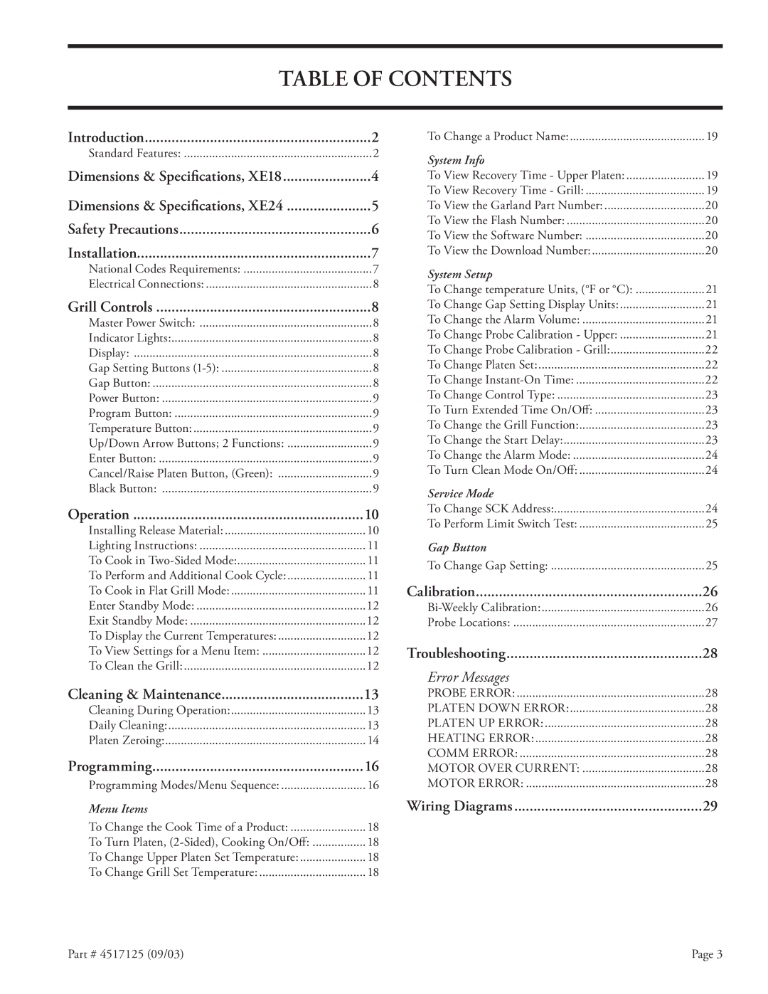 Garland XE24, XE36 installation instructions Table of Contents 