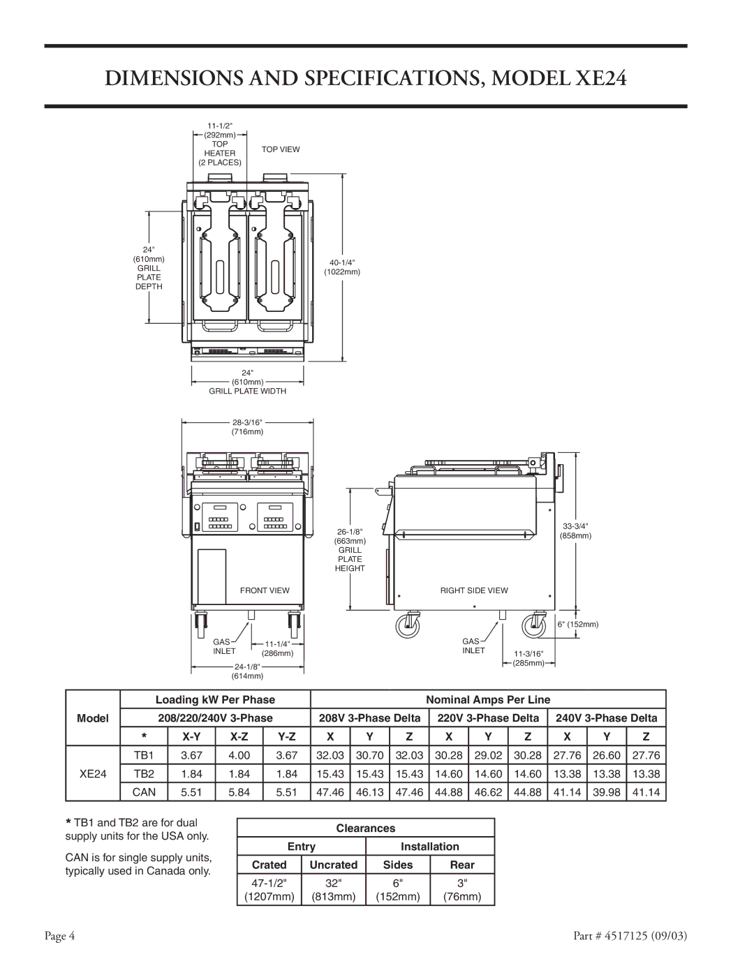 Garland XE36 installation instructions Dimensions and SPECIFICATIONS, Model XE24, 220V 3-Phase Delta 