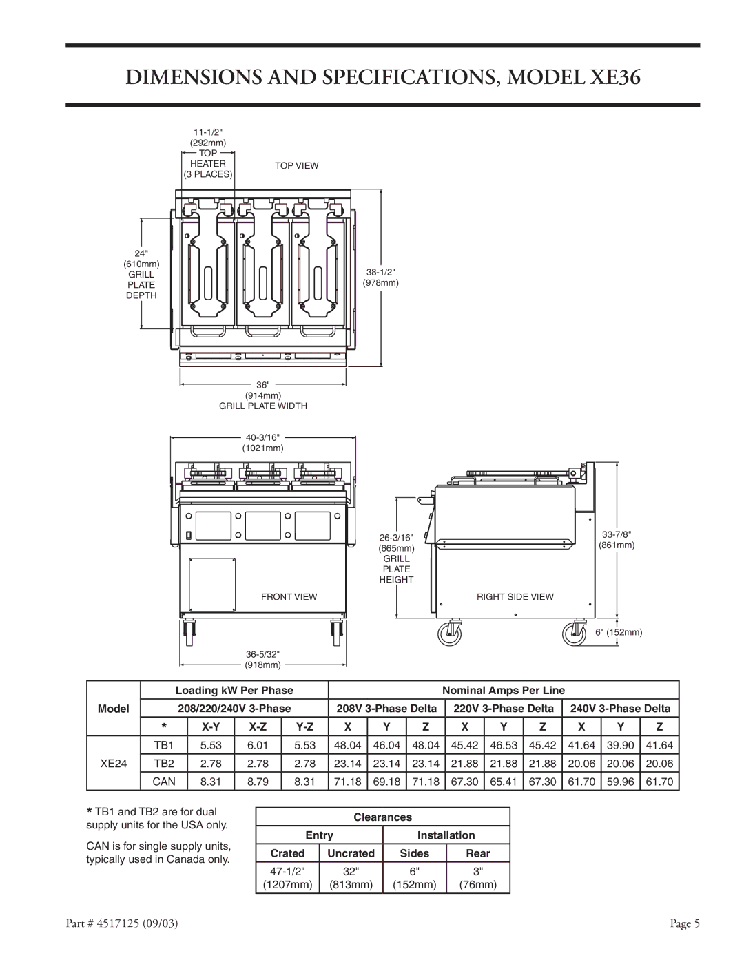 Garland XE24 installation instructions Dimensions and SPECIFICATIONS, Model XE36 