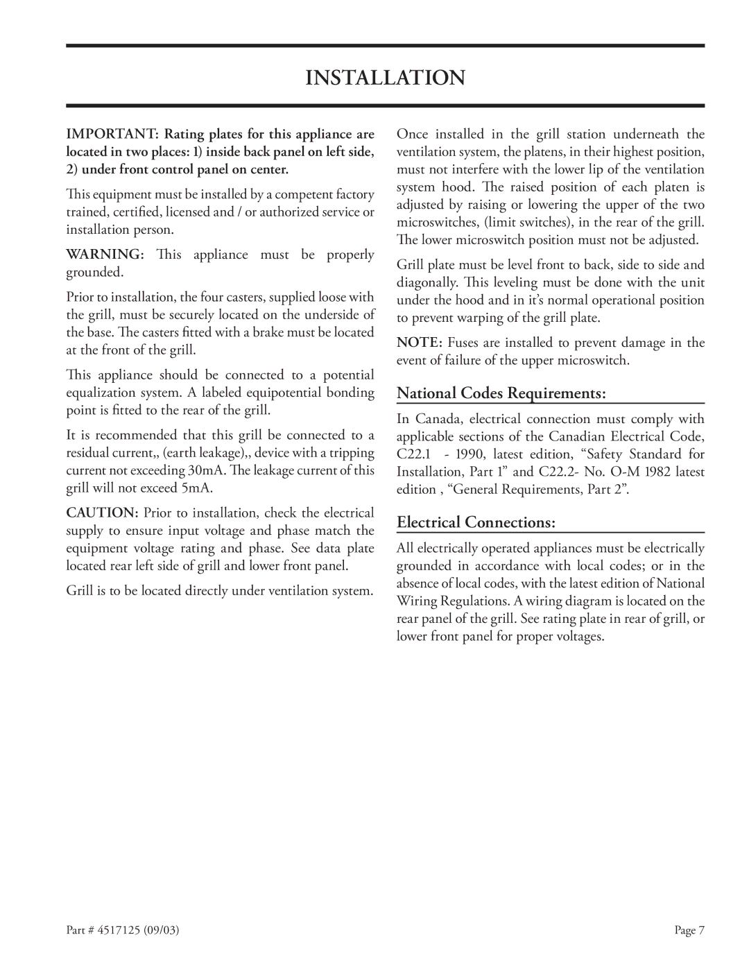 Garland XE24, XE36 installation instructions Installation, National Codes Requirements, Electrical Connections 