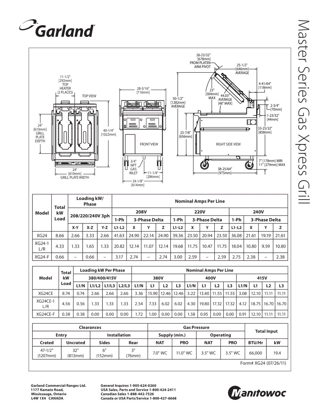 Garland XG24CE-1R, XG24-F, XG24CE-1L, XG24-1L, XG24*, XG24CE*, XG24CE-F, XG24-1R manual Form# XG24 07/26/11, Front View 