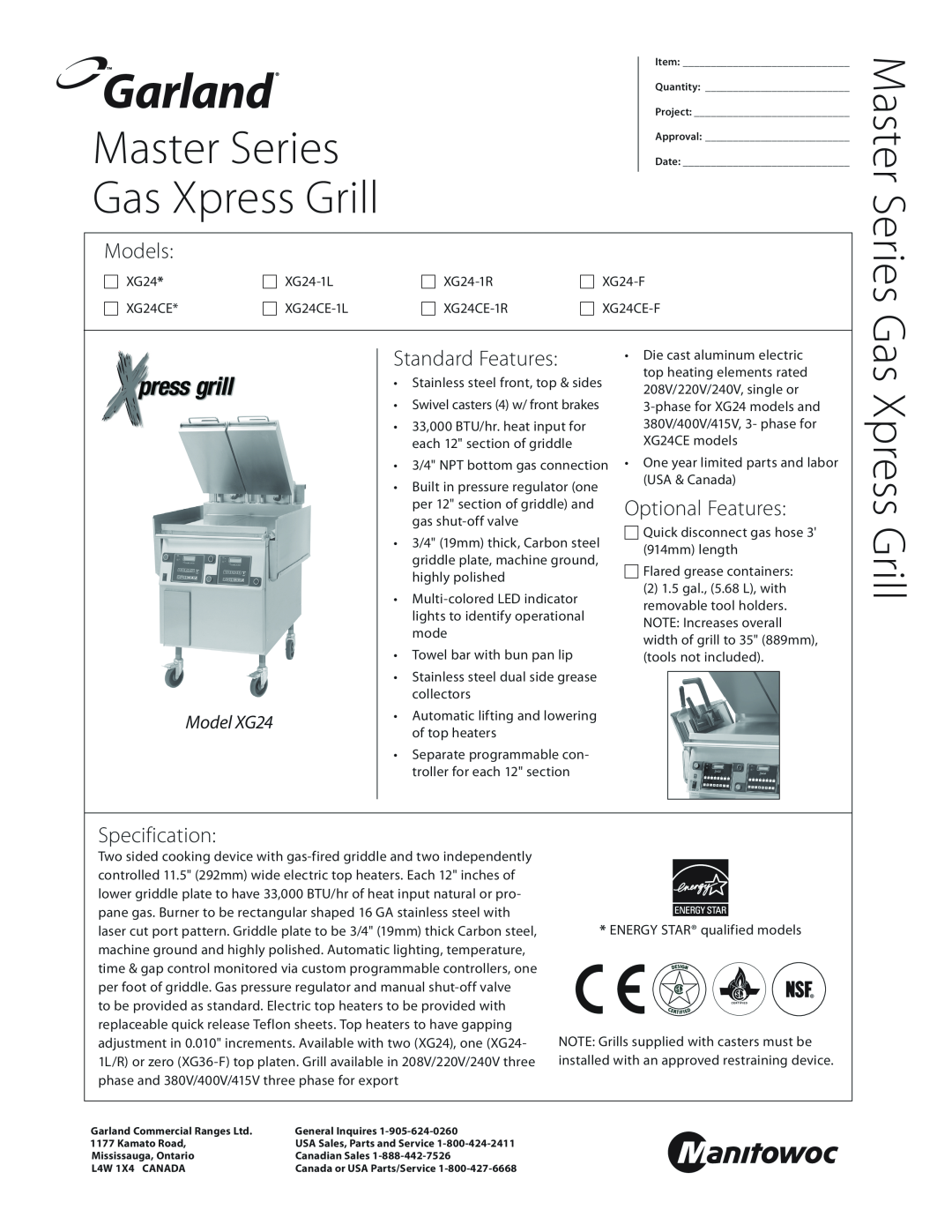 Garland XG24CE-1L manual Master Series Gas Xpress Grill, Models, Standard Features, Optional Features, Model XG24 