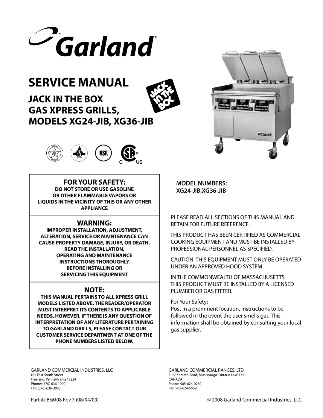 Garland service manual Jack in the BOX GAS Xpress GRILLS, Models XG24-JIB, XG36-JIB 