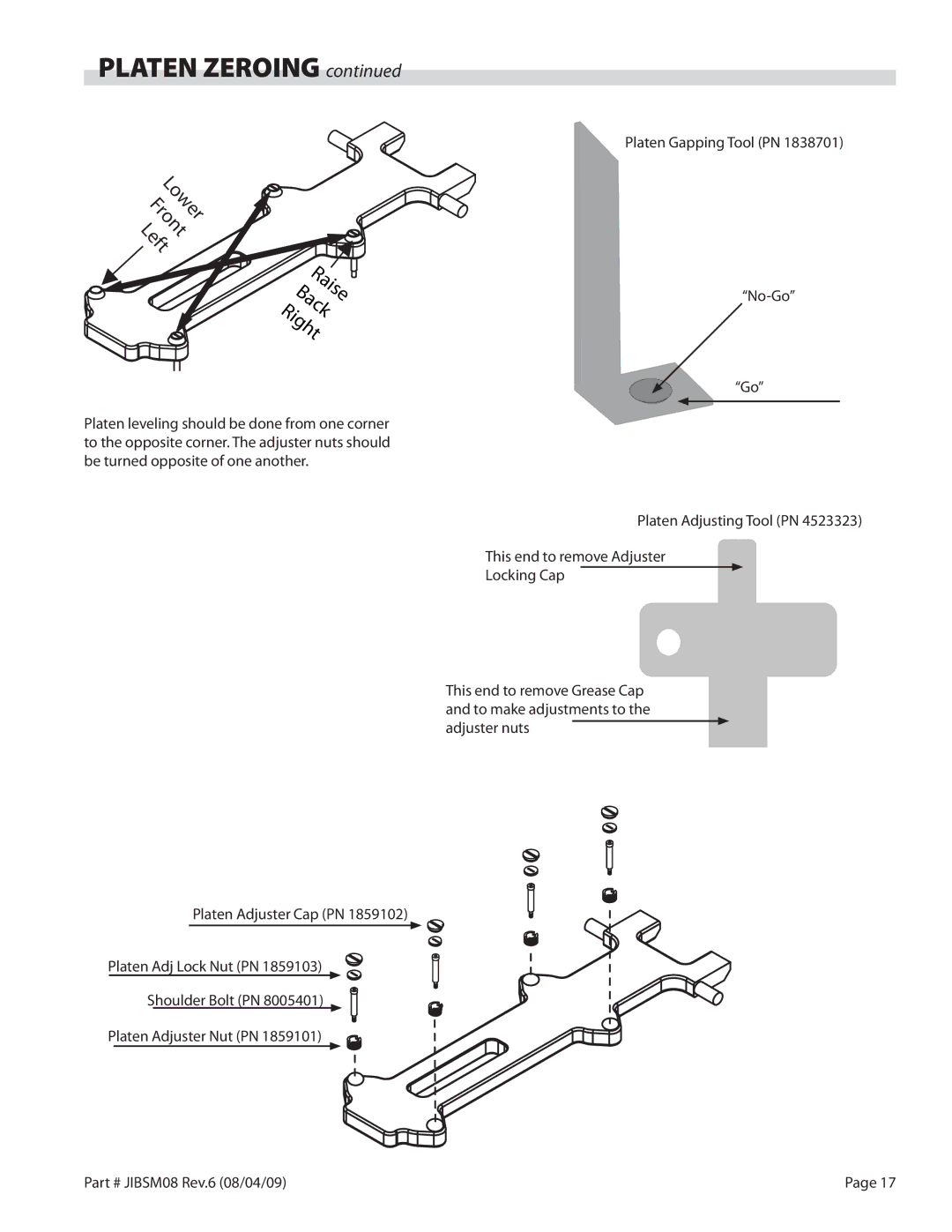 Garland XG24-JIB, XG36-JIB service manual Platen Zeroing, Lower Front Left Raise Back Right 