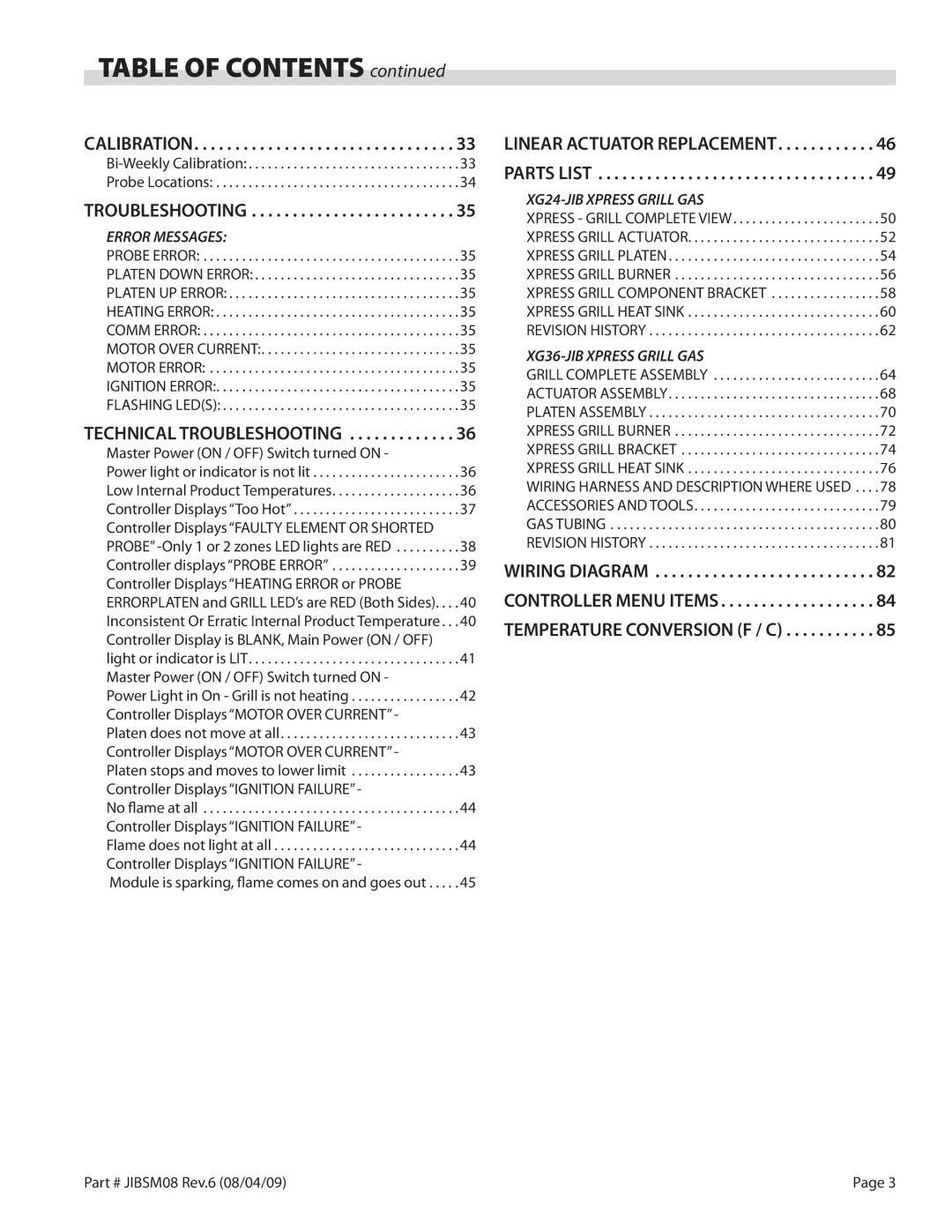 Garland XG24-JIB, XG36-JIB service manual Table of Contents 