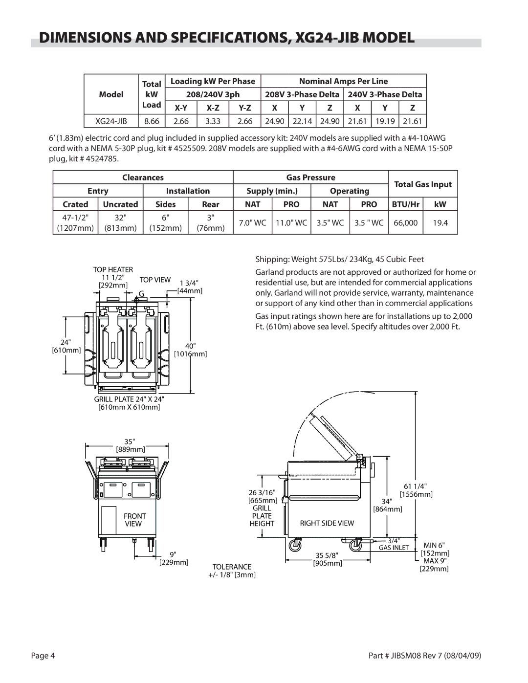 Garland XG36-JIB service manual Dimensions and SPECIFICATIONS, XG24-JIB Model 