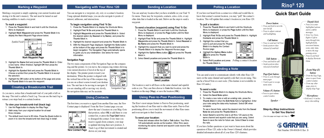 Garmin 120 quick start Creating a Breadcrumb Trail, Using Contacts, Using Peer-to-Peer Positioning, Sending a Note 