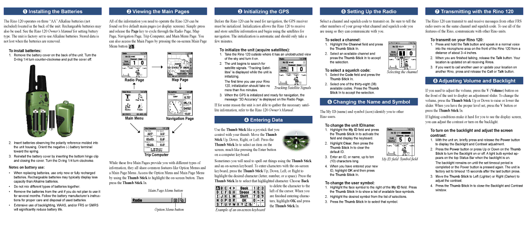 Garmin 120 Installing the Batteries, Viewing the Main Pages, Initializing the GPS, Entering Data, Setting Up the Radio 