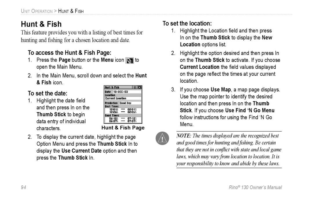 Garmin 130 owner manual To access the Hunt & Fish, To set the date 