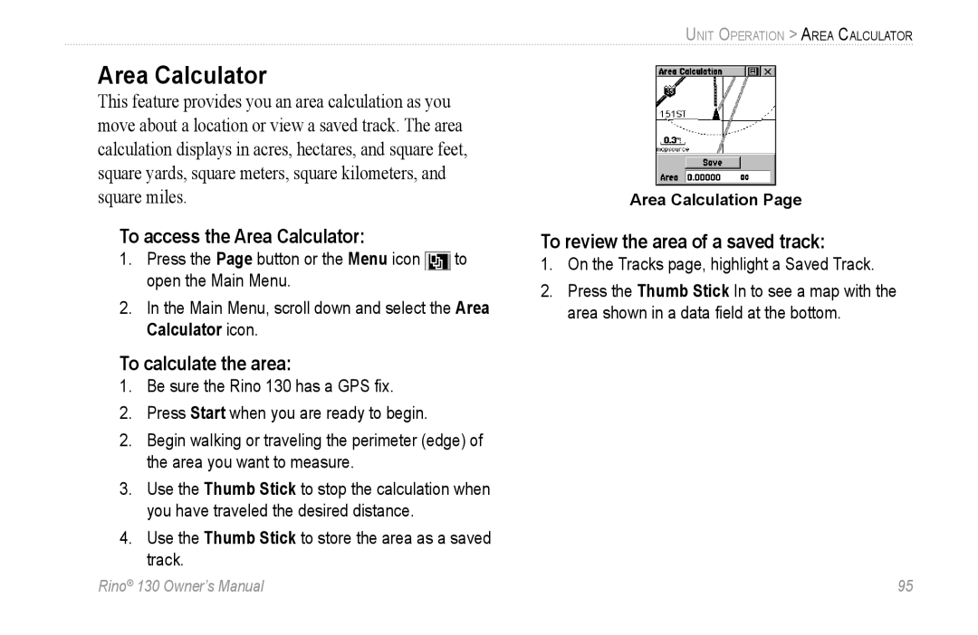 Garmin 130 owner manual To access the Area Calculator, To calculate the area, To review the area of a saved track 