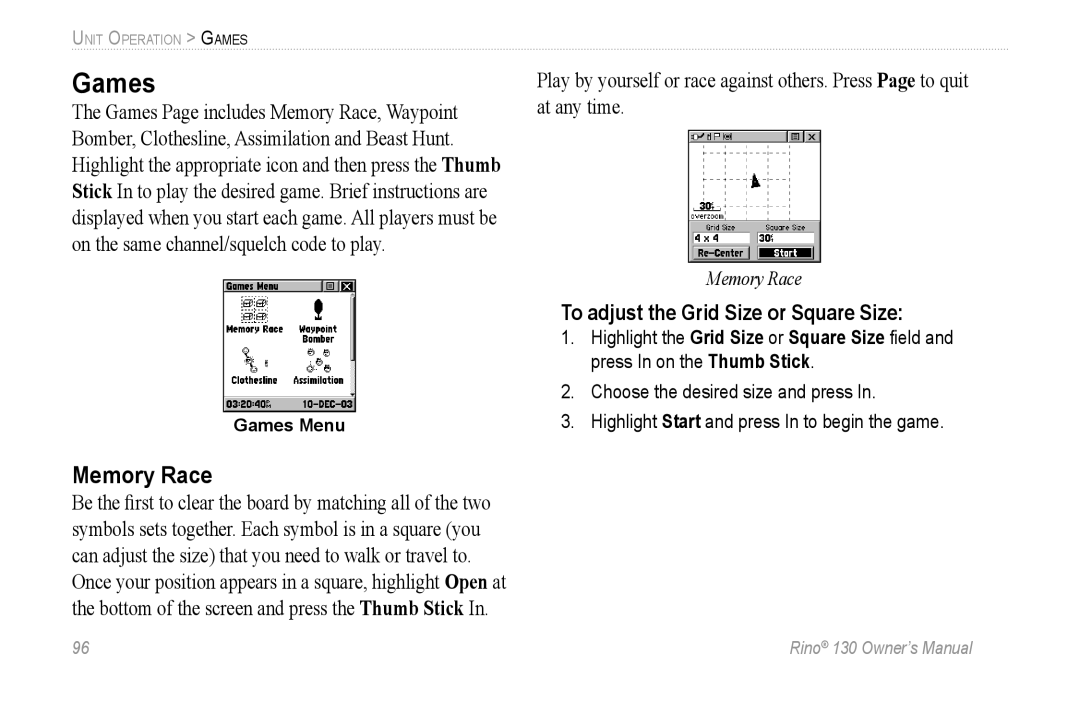 Garmin 130 owner manual Games, Memory Race, To adjust the Grid Size or Square Size 