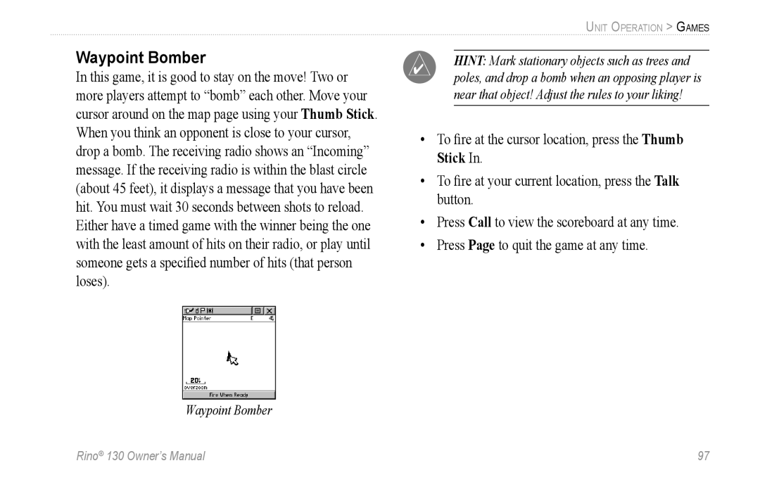 Garmin 130 owner manual Waypoint Bomber 