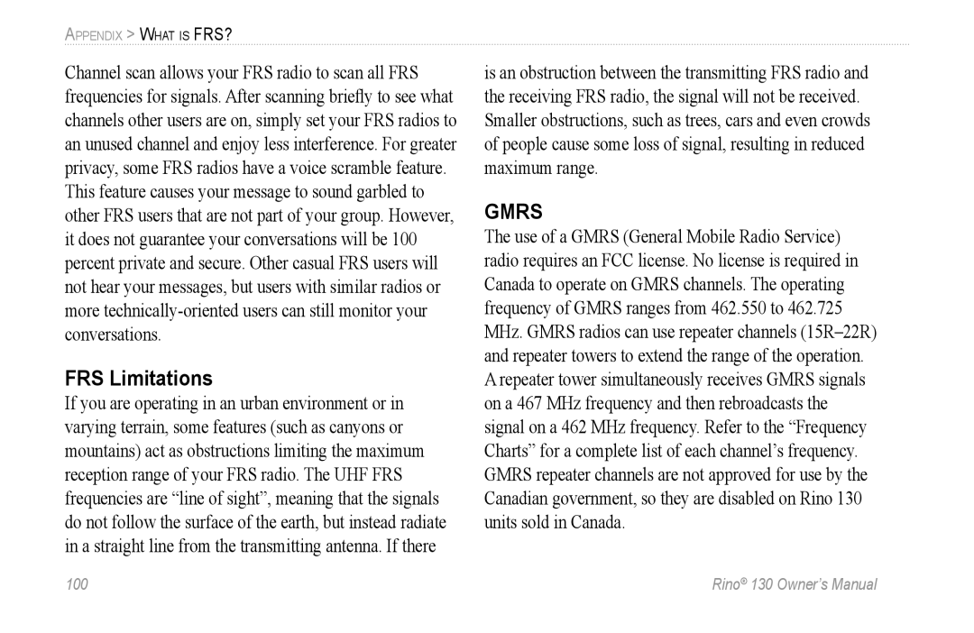 Garmin 130 owner manual FRS Limitations, Gmrs 