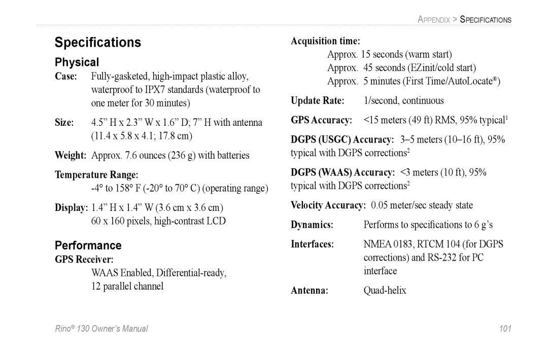 Garmin 130 owner manual Speciﬁcations, Physical, Performance 