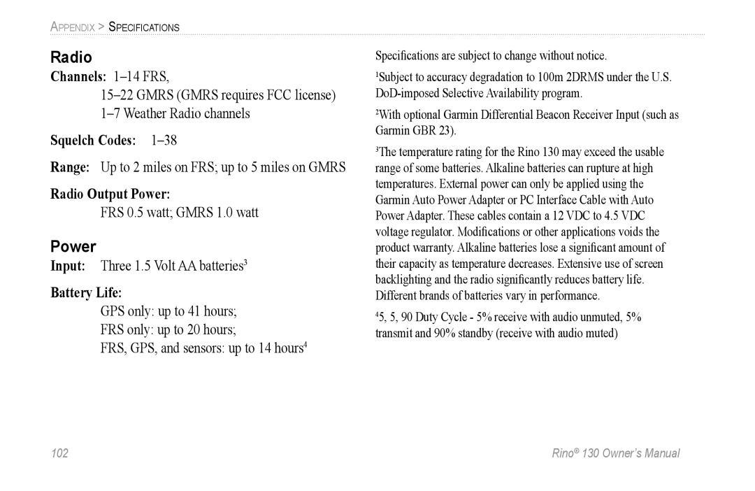 Garmin 130 owner manual Radio, Power 