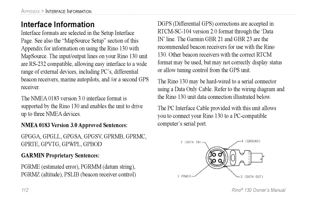 Garmin 130 owner manual Interface Information, Garmin Proprietary Sentences 