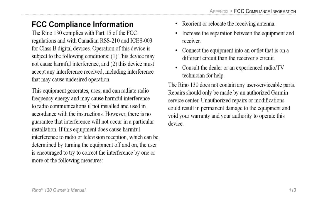 Garmin 130 owner manual FCC Compliance Information 