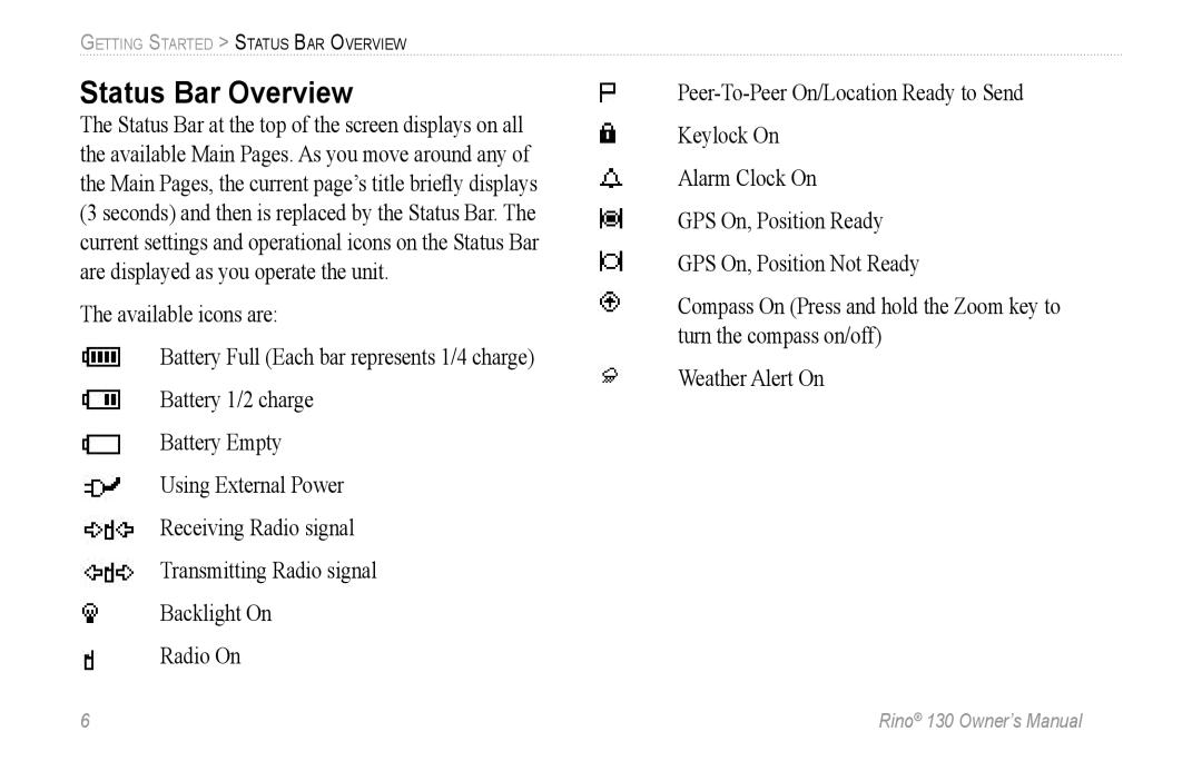 Garmin 130 owner manual Status Bar Overview 